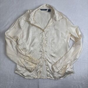 VTG Hillard & Hanson Embroidered‎ Floral Beige Silk LS Button Up Medium Stains